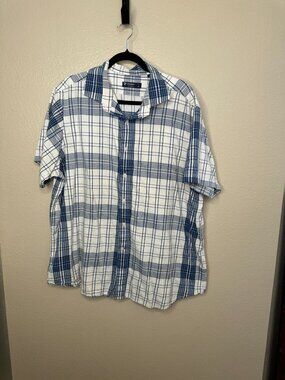 Cremeux Mens Blue White Plaid Short-Sleeve Button-Up Shirt XXL Organic Cotton